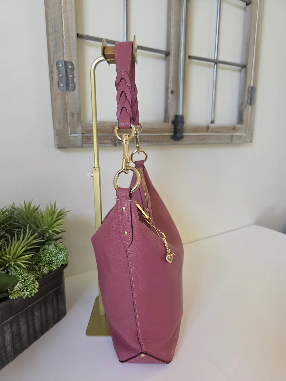 Coach Abby Duffle Shoulder Crossbody Bag Rose Berry Pebbled Leather Heart Charm